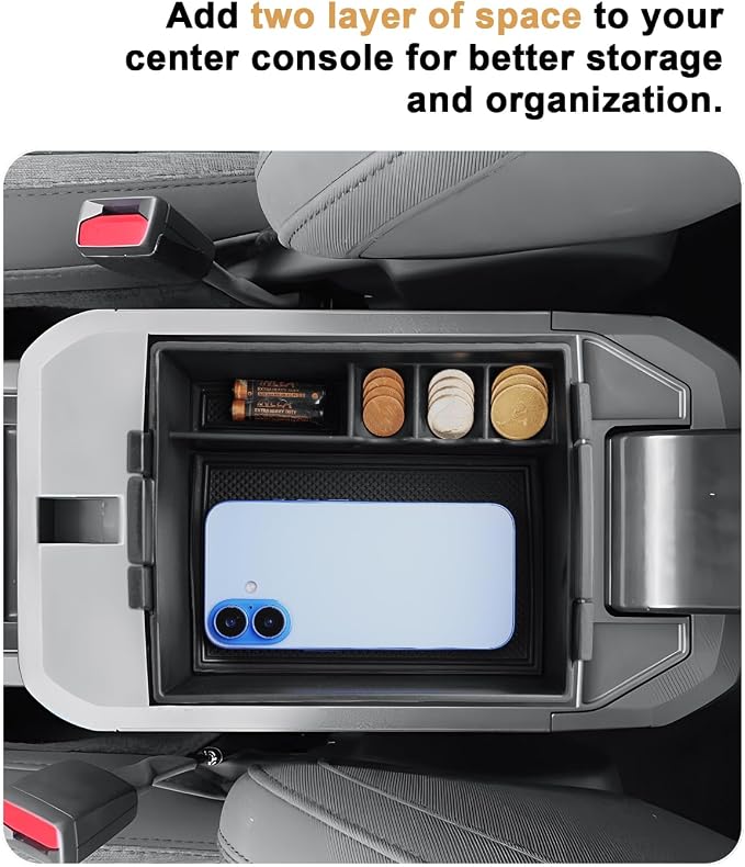 ECOZEN Double-Layer Center Console Organizer For 2022-2026 Ford Maverick - Armrest Box Storage Tray Compatible with 2022-2026 Maverick Hybrid Accessories - Black Solid ABS Anti-Slip Mat