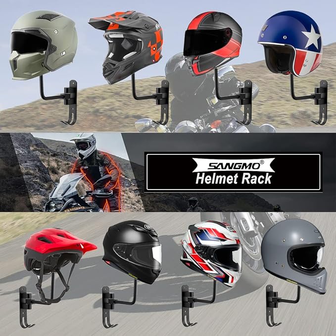 SANGMO 3 Pack 180° Motorcycle Helmet Rack, Rotation Metal Helmet Holder Wall Mount, Helmet Holder Bike with 2 Hooks Helmet Hanger for Motorcycle Bike Coats, Caps, Baseballs, Rugby Helmet(3 Pack)