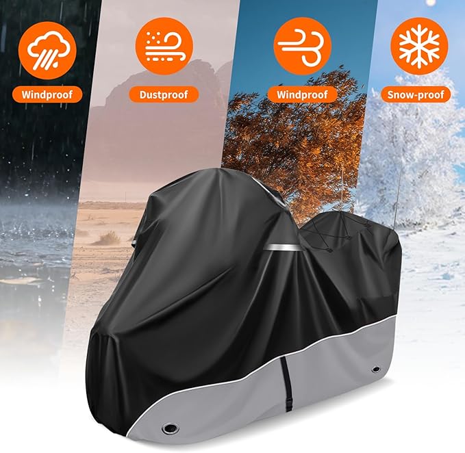 Motorcycle Cover, 110 Inch with Side+Top Box Touring Models Specific Vehicle Cover Storage Suitable for Harley-Davidson Ultra Limited, Road Glide Limited, Gold Wing, Road Master Grey