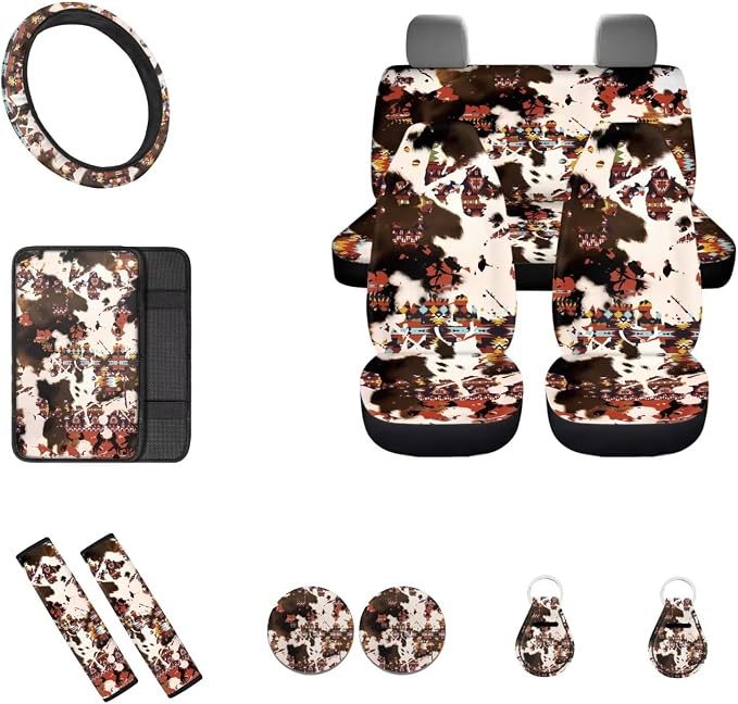 Southwestern Aztec Cow Print Car Seat Covers Full Set Brown Cow Car Accessory Universal Fit Front and Split Bench Rear+Steering Wheel Cover+Seatbelt+Key+Center Console Armrest Pads for Cars