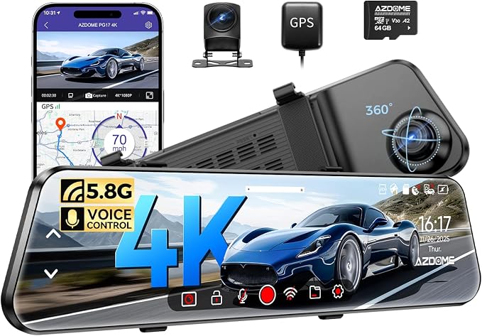 AZDOME PG17 2CH Mirror Dash Cam 4K - 12" Touch Screen - 24H Parking Mode - Mirror Dash Cam - Minimize Blind Spots - Built-in GPS & WiFi - Reverse Assist - Supports Voice Command