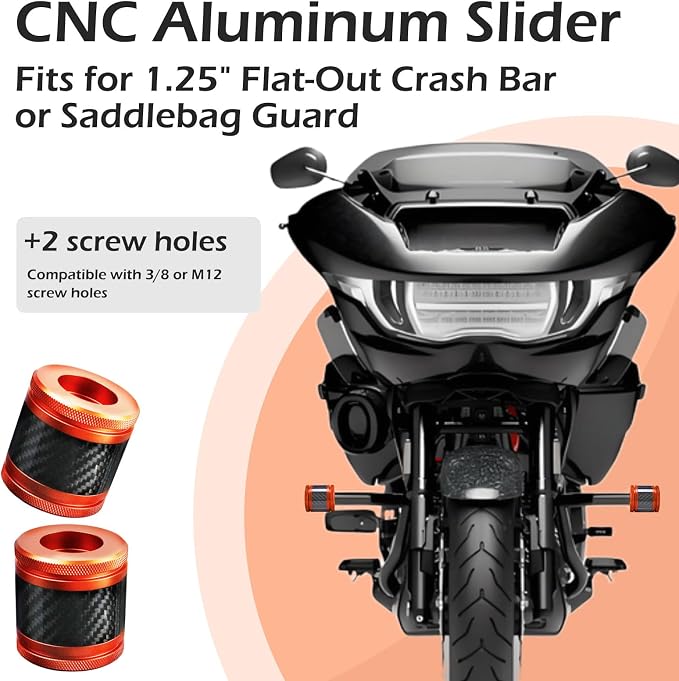 Crash Bar Sliders End Caps CNC Carbon Fiber Inlay Decorative Sliders Fits for 1.25" Front Engine Guard Rear Saddlebag Guard CNC 60mm (Orange)