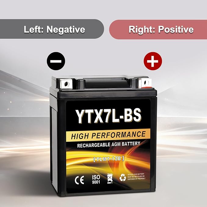 YTX7L-BS 12V 7Ah AGM Sealed Motorcycle Battery, Maintenance-Free, Compatible with Honda Kawasaki Suzuki Yamaha 4 Wheeler ATV Scooter
