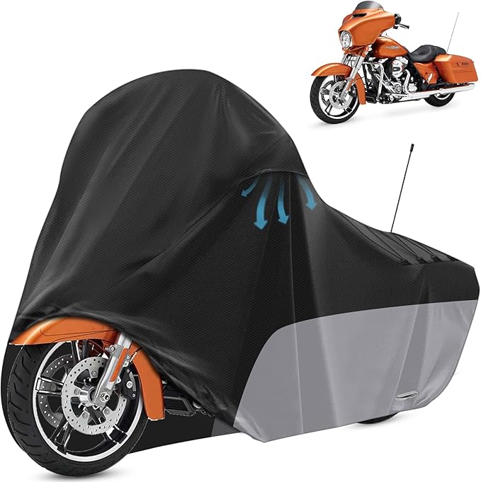 Motorcycle Cover for Touring Models Harley Davidson Road King Road Glide Street Glide Electra Glide Low Rider-ST Indoor & Outdoor All Weather Protection with Vents (Black&Grey)