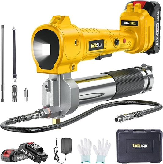 TaskStar Electric Grease Gun Cordless 10000 PSI, Grease Gun Kit with 2×2.0Ah Batteries & Charger, 39.4" Flexible Hose & LED Light for Tractors Trucks Trailers Heavy Equipment Maintenance