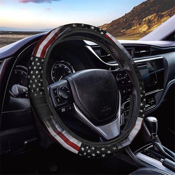Xoenoiee 11 Pack Retro American Flag Universal Car Accessories Set with Front Seat Cover Rear Split Bench Seats Cover for Cars, Seat Belt Pads, Steering Wheel Cover, Coasters, Keyrings