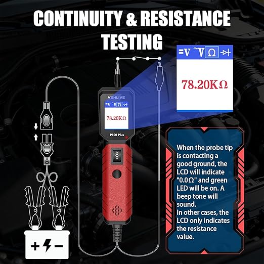 P100 Plus Automotive Power Circuit Probe Tester,12V 24V Car Automotive Diagnostic Test Tool, Digital Volt Ohm Meter W/Overload Protection, Circuit Fault Finder w/ 40FT Cable & Angled Screen