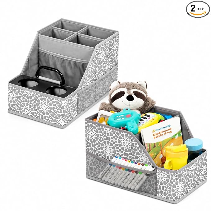 CROS 2 Pack Car Seat Organizer with Metal-Reinforced Cup Holders, 12 Storage Compartments Backseat Car Organizer, Travel Essentials for Kids Toys & Snacks, Non-Slip Seat Storage for SUV, Truck, Print