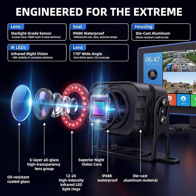 4K RV Backup Camera System, 10.1 in Touchscreen, 4 Wired Cameras | 4CH 1080P Night Vision, IP68K Waterproof, DVR Loop Recording for Truck RV