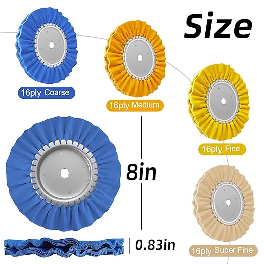 5/8” Arbor 8” 16Ply Airway Buffing Wheel Kit – 11Pcs Polishing Set for Aluminum & Stainless Steel – No Flange Needed – Gloves Included