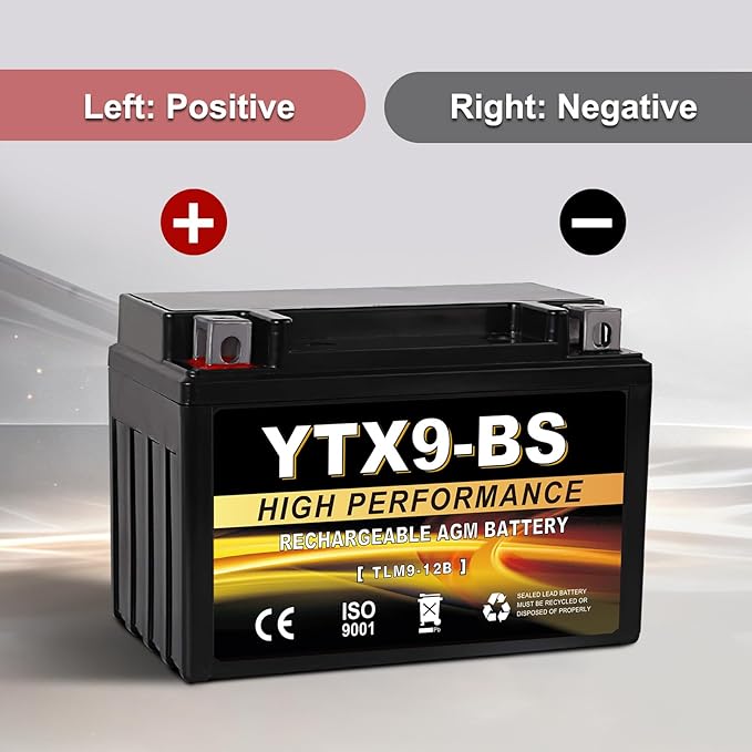 YTX9-BS 12V 9Ah AGM Sealed Motorcycle Battery, Maintenance-Free, Compatible with Honda Polaris Suzuki, Replacement for YTX9-BS, ETX9, GTX9-BS