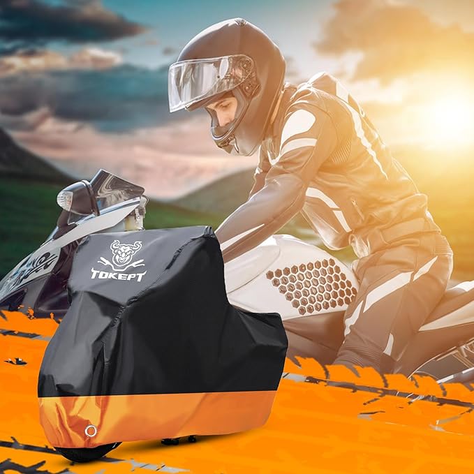 Motorcycle Cover, All-Season Waterproof Outdoor Sun Protection Fit up to 96 Inch Harley-Davidson Honda Suzuki Kawasaki Yamaha (XL Back&Orange)