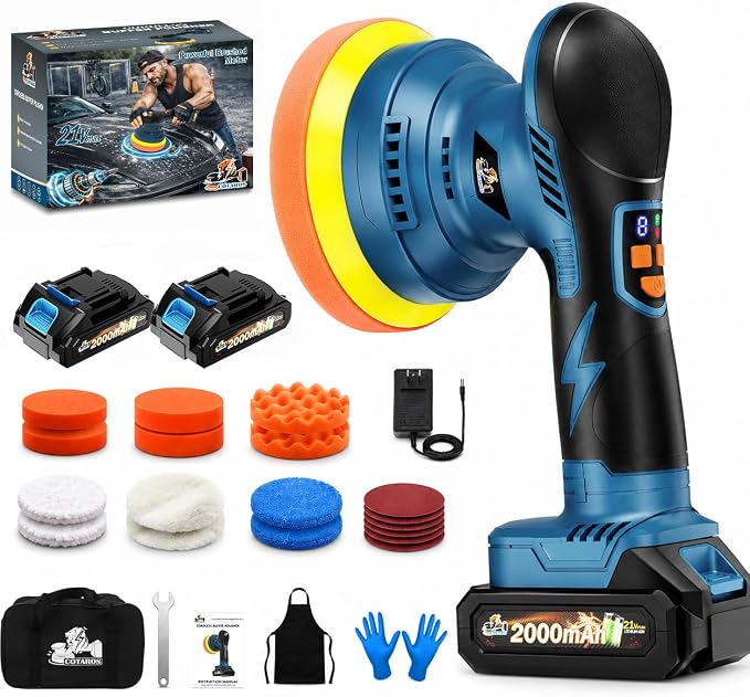 Cordless Car Buffer Polisher kit, 21V Dual 2000mAh Batteries, 8-Speed Orbital Polishing Machine with LED Display, 18PCS Kit for Car Detailing, Wax & Scratch Repair