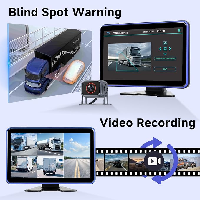 5 Channel Touchscreen Backup Camera Monitor for Truck/RV/Semi Trailer/Van/Cars, 10.1 Inch HD Night Vision Backup System, Music & Video Blind Spot Warning Loop Record Waterproof Reverse Cameras