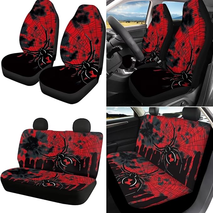 18Pcs Spider Web Car Seat Covers Full Set Universal Headrest Covers with Steering Wheel Cover,Handbrake Protector,Center Console Pad Cover,Seat Belt Pads,Keychain,Cup Holder Mats,Red