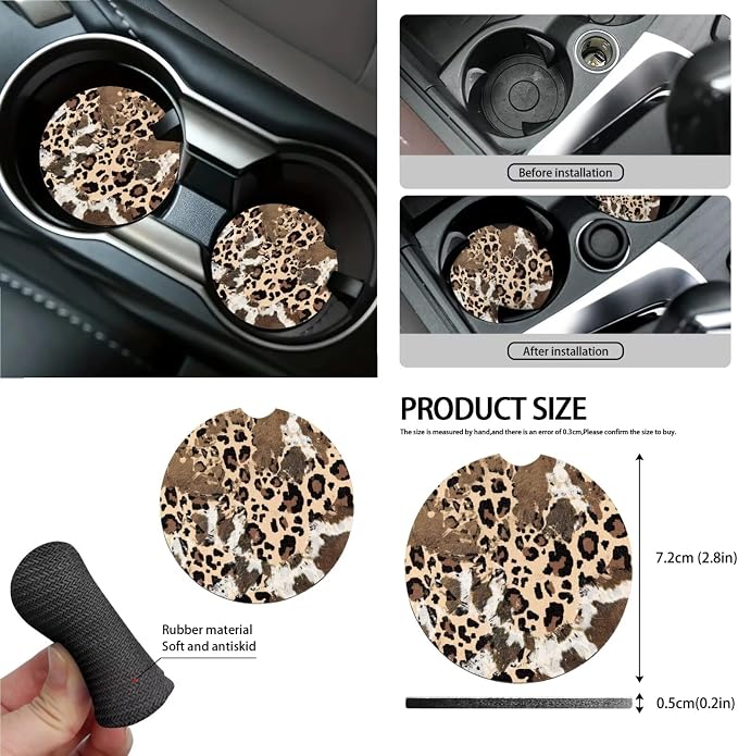Brown Cow Leopard Pattern Car Seat Covers Full Set Steering Wheel Cover Trash Can Air Vent Storage Bag Seatbelt Covers Rearview Mirror Cover Cup Coasters 15pcs Car Interior