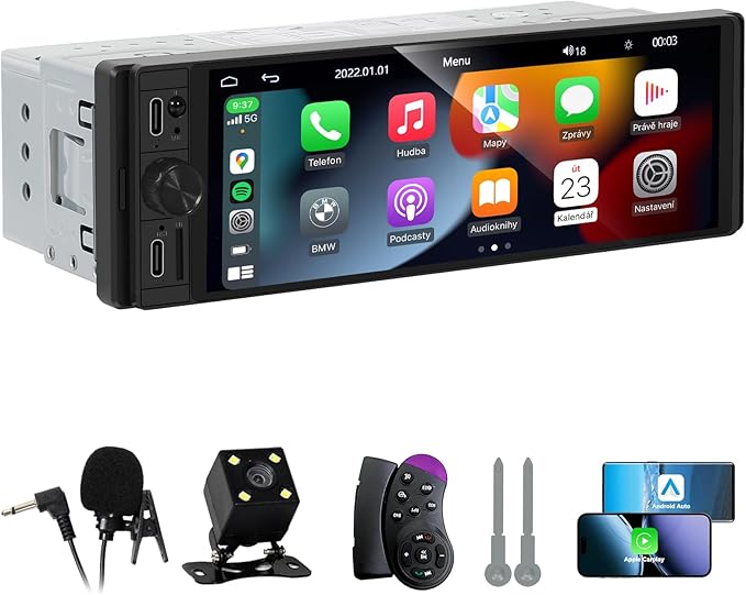 DINRGO Single Din Car Radio - Car Stereo with Wireless Apple Carplay Android Auto, 6.9" Touchscreen Radio with Bluetooth 5.2 Support Mirror Link, RC，GPS, FM, USB & Type-C Fast Charging, EQ, SWC，MIC