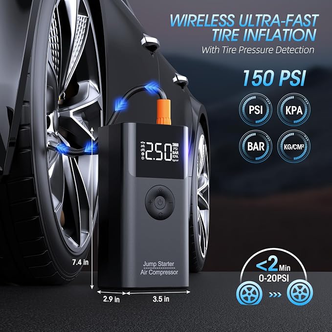 Car Battery Jump Starter with Air Compressor, 2500A Car Jumper Starter Portable (Up to 9L Gas/8L Diesel), 12V Jump Box 150PSI Auto-Shutoff Tire Inflator with Smart Clamps, Road Trip Essentials