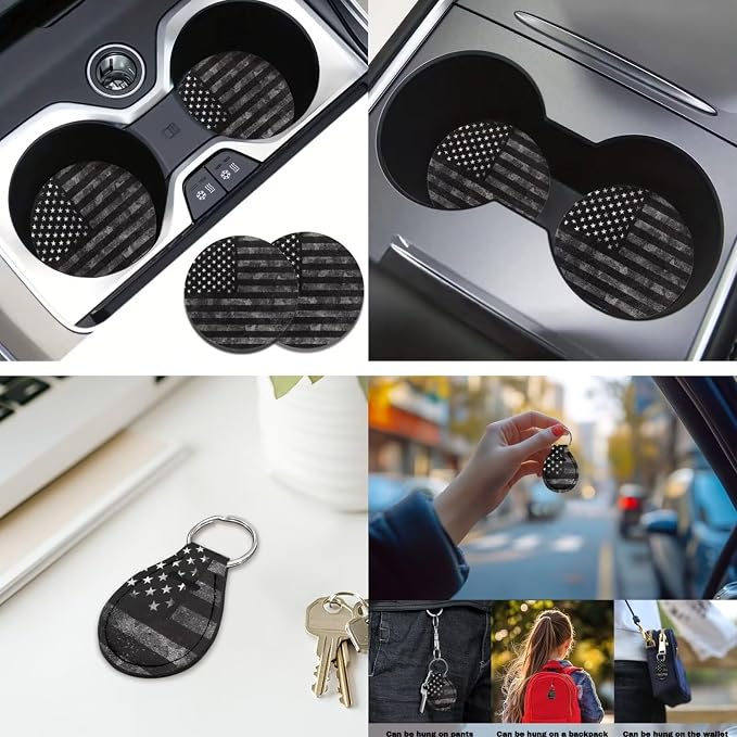Black American Flag 12 Pcs Car Seat Covers with Steering Wheel Cover,Seat Belt Covers Cup Holder with Keychain Automotive Protector Set Unverisal Fit Cars SUV