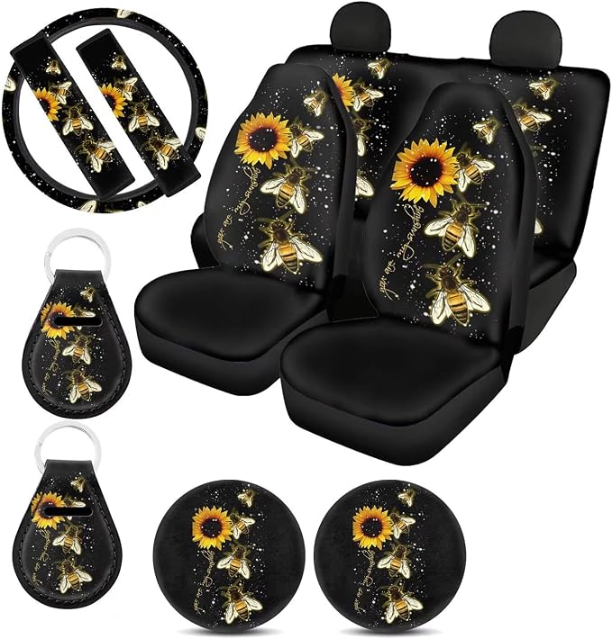 Suobstales Bee Sunflower Car Seat Covers Full Set with Wheel Steering Covers You are My Sunshine Vehicle Seats Protector,Seat Belt Pads,Keychain,Coasters for Auto Truck Van SUV