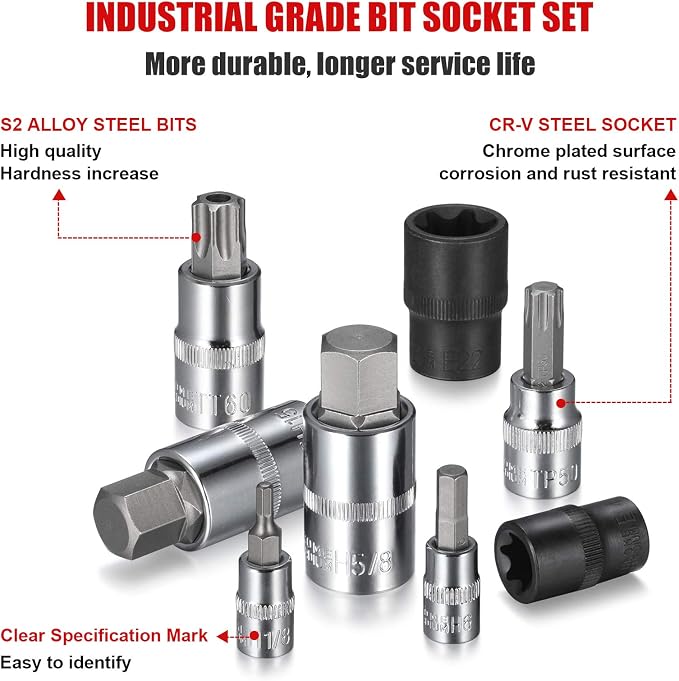 92-Piece Allen and Torx Bit Socket Set, 1/4" 3/8" and 1/2" Drive Tamper Proof Torx/Hex SAE & Metric Bit Set