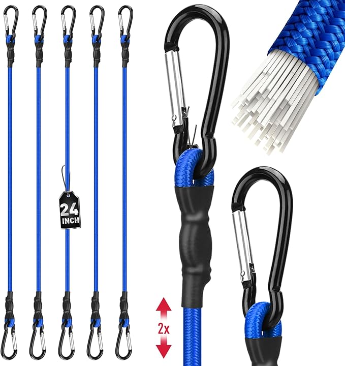 5-Piece 24 Inch Bungee Cords with Carabiner Hooks, Heavy Duty Rubber Elastic Tie Down Straps, Bungee Cord with Carabiner Clips for Cargo, Truck Bed, Camping, Motorcycle and Outdoor Use (Blue)