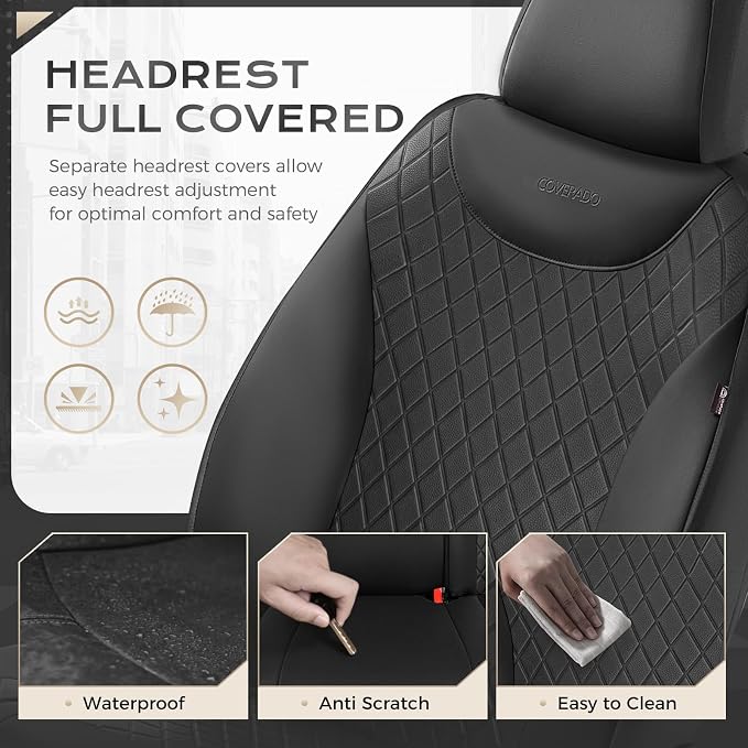 Coverado Front Seat Covers, Black Leather Car Seat Covers 2-Pack, Waterproof Car Seat Protectors, Automotive Seat Covers, Driver Seat Covers Universal Car Seat Cushions Fit for Most Sedan, SUV, Truck