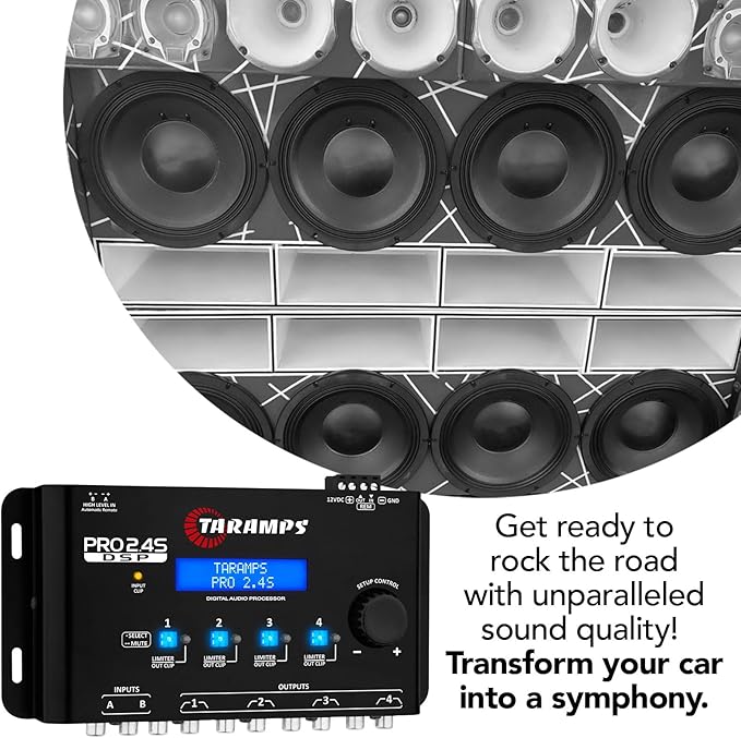 Taramp's Pro 2.4S DSP Crossover full Digital Signal Processor and Equalizer with sequencer 15-band Graphic Equalization 12 preset EQ 2-Channel in and 4-Channel Out