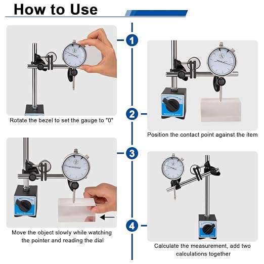 Dial Indicator with Magnetic Base, 0-1"×0.001" Precision Dial Test Indicator Set, Adjustable Long Arm Magnetic Dial Indicator Base Holder for Workshop, Lab & Mold Making