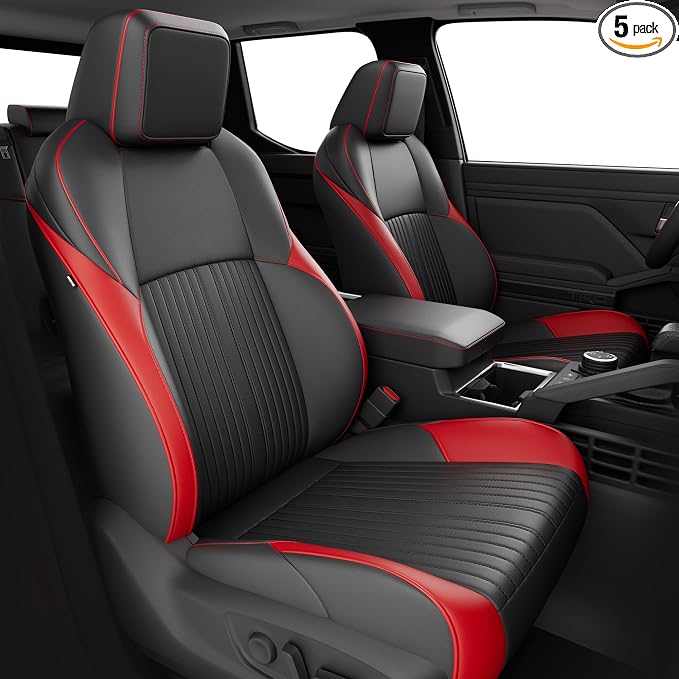 FREESOO Custom Fit Leather Tacoma Seat Covers Full Set Gen 4Th 2024-2026 Double Cab, for Sr/Sr5/Trd Prerunner/TRD Sport/TRD Off-Road/Limited, Seat Covers for Tacoma (5 Seats, BlackRed)