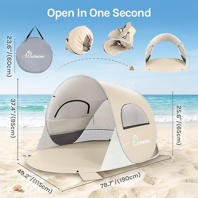 Wolfwise Pop up Beach Tent Sun Shelter with UPF50+ UV Protection, Instant Easy Setup Popup Beach Shade Canopy for 2 Person, Portable & Foldable with Carring Bag, 79 ×49×38 in, Beige
