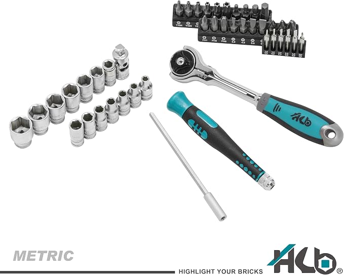 HB 90-Tooth 1/4 Inch Drive 270° Swivel Head Ratchet Handle 44 Piece Socket Set with Precision Screwdriver Torx PZ PH SL HEX Bits Chrome Vanadium Steel Portable Case Made in Taiwan AKM024-G