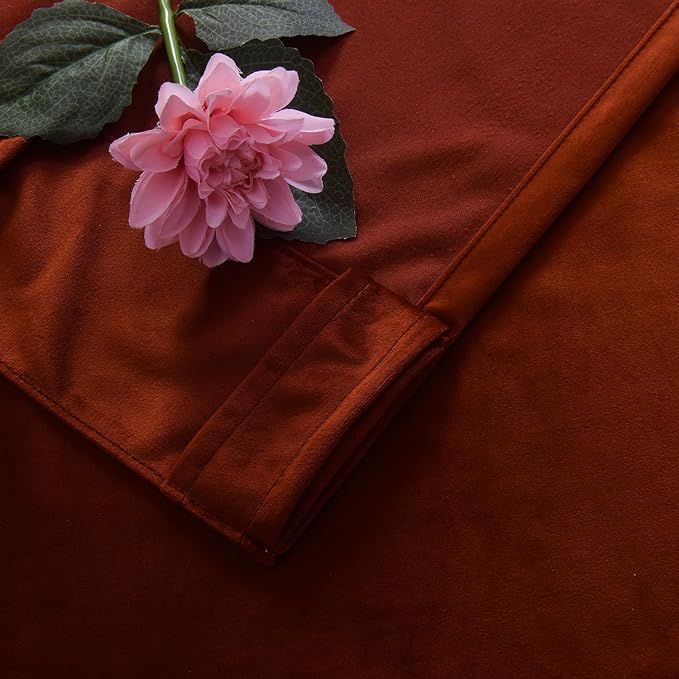 Roslynwood Luxury Soft Rust Velvet Curtains 90 inches Long Back Tab Thermal Insulated Blackout Window Drapes for Living Room/Bedroom/Dining Room, W52 x L90, 2 Panels