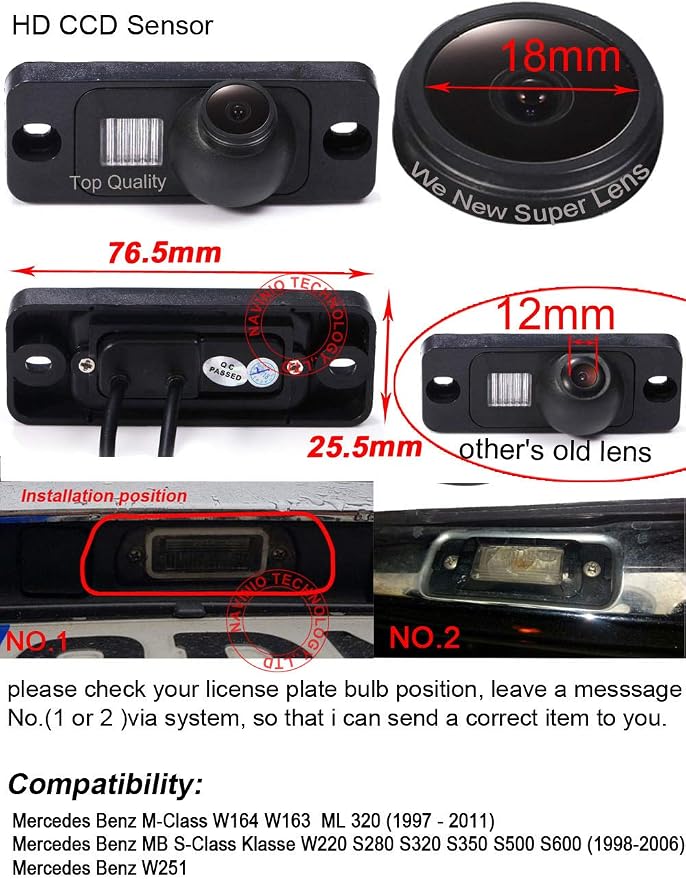 HD IP68 1280Pixels Auto 170° Wide Angle License Plate Light Rear View Reversing Backup Camera Parking Aids System Compatible with Mercedes Benz W164 W163 ML 320/W220 S280 S320 S350 S500 S600/W251
