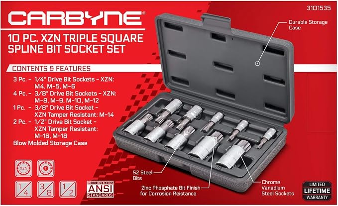 CARBYNE 10-Piece Triple Square Socket Set, XZN Spline Bit Socket, 12 Point, Metric M4 to M18, S2 Steel, CrV Sockets, 1/4 in. 3/8 in. and 1/2 in. Drive, Durable Storage Case