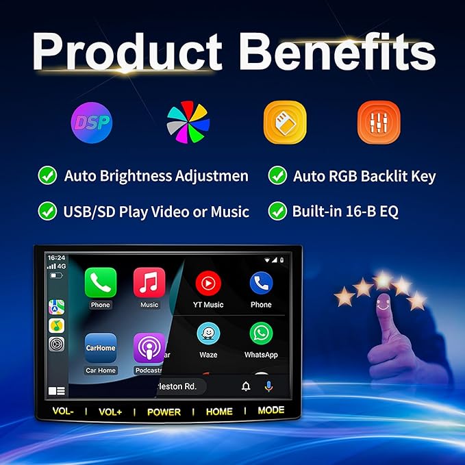 9.3" Portable Car Radio with Dashcam, Wireless Dash Mount, Apple CarPlay & Android Auto, Touch Screen Display, Bluetooth Stereo, Mirror Link, FM, GPS Navigation