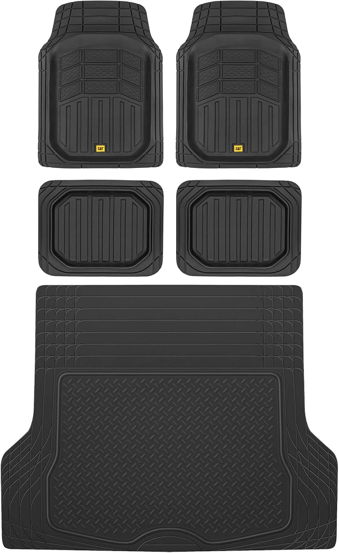BDK Cat® CAMT-9014 (4-Piece) Large Deep Dish Rubber Car Floor Mats with Trunk Cargo Liner, Universal Trim to Fit Front & Rear Combo Set for Car Sedan SUV Van, Heavy Duty All Weather