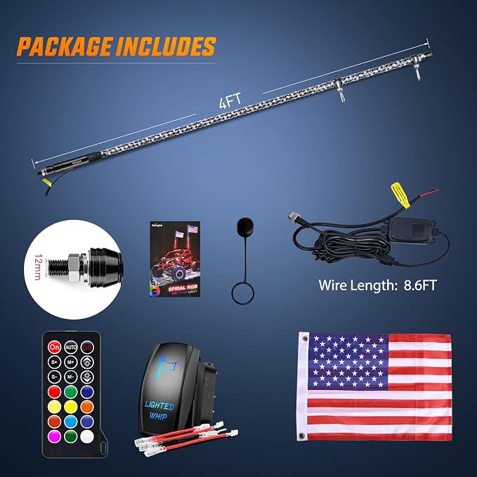 Nilight 1PC 4FT Spiral RGB LED Whip Light w/RGB Chasing/Dancing Lights RF Remote Control Lighted Antenna Whips for Can-am ATV UTV RZR Polaris Dune Buggy 4 Wheeler Offroad Jeep Truck