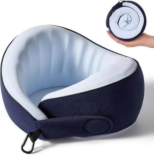 KPNEOL Travel Pillow, 100% Pure Memory Foam Travel Neck Pillow Airplane Neck Support Ergonomic Design for Traveling Suitable for Airplanes,Offices and Cars-Cooling Silk Blue