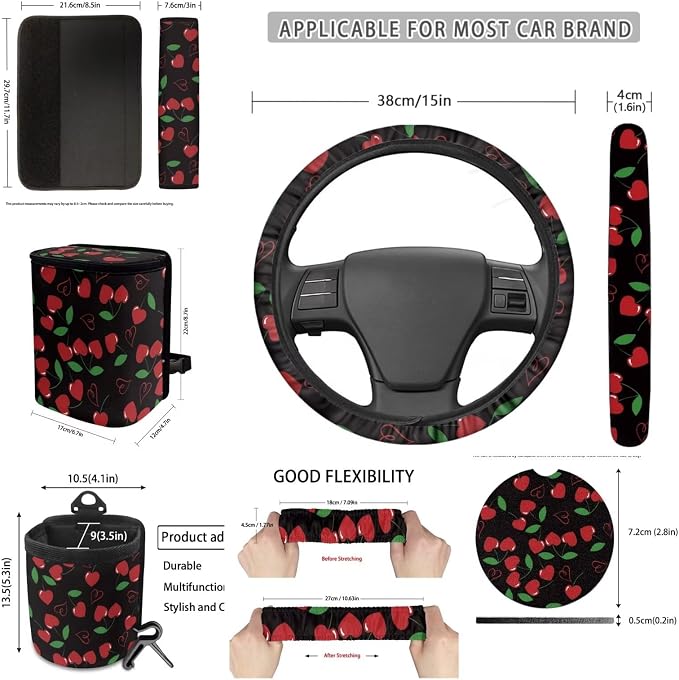 Dreaweet Cute Car Seat Covers Full Set for Women Cherry Car Accessories Interior 15 Pcs,Car Steering Wheel Covers Seatbelt Covers Coaster Trash Can Air Vent Holder Rear View Mirror Cover Keychain