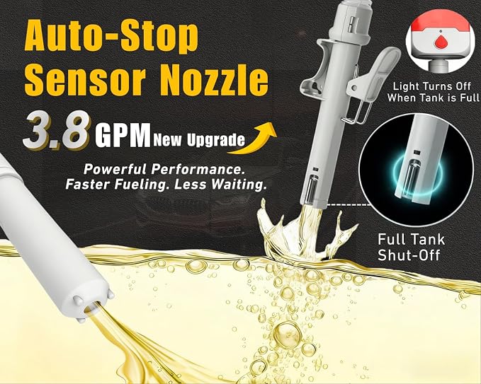Fuel Transfer Pump with Auto-Stop, 3.8 GPM Battery or USB Powered Cordless Gas Pump, Portable Electric Pump for Gas Can with 51" Hose & 4 Adapters for Gasoline, Diesel, Oil–Spill-Free Refueling