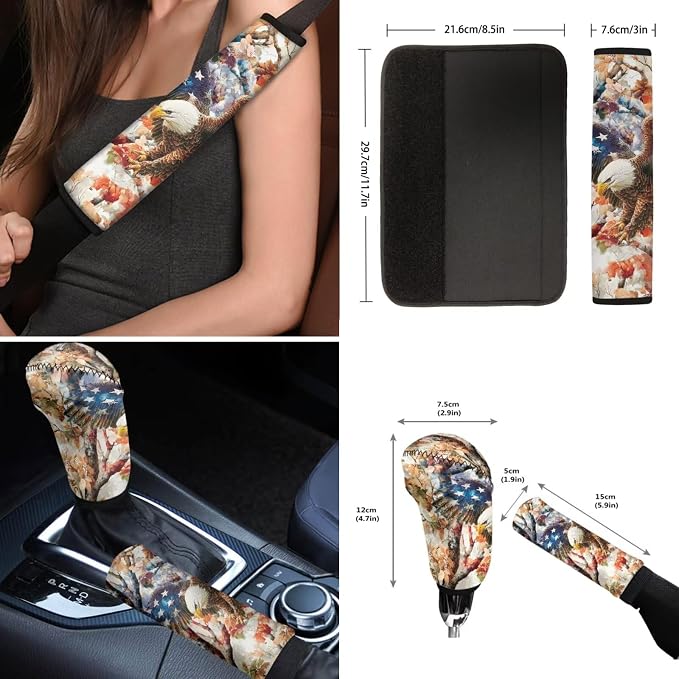 Wanyint Car Seat Covers for Women Men, with Steering Wheel Seat Belt Pads Center Console Handbrake Gear Shift Cover Cup Coaster Holder for 4th of July, Pack of 12, US Flag Eagle Camo Hunting Forest