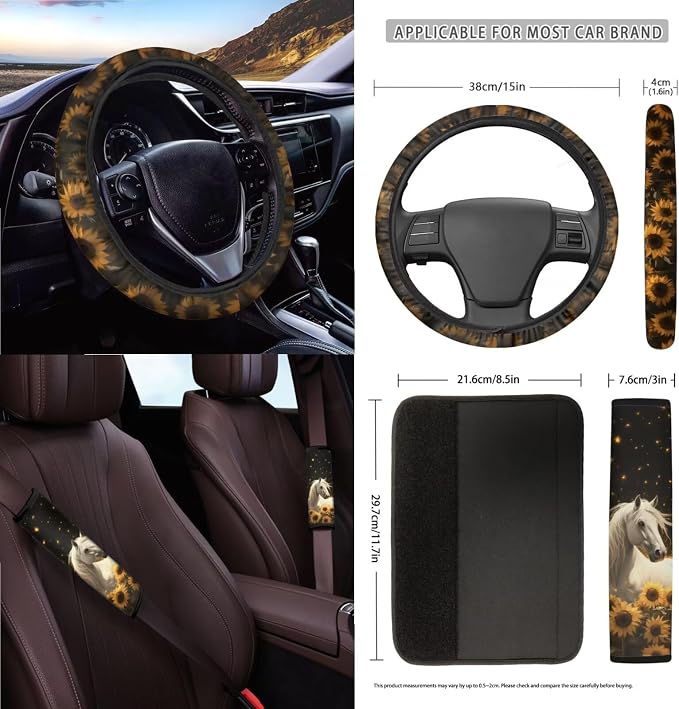 Horse Sunflower Print 15Pcs Car Seat Cover Full Set Car Steering Wheel Cover Seat Belt Cover Trash Bin Air Vent Storage Box Front Rear View Mirror Car Cup Holder Keychain, Black