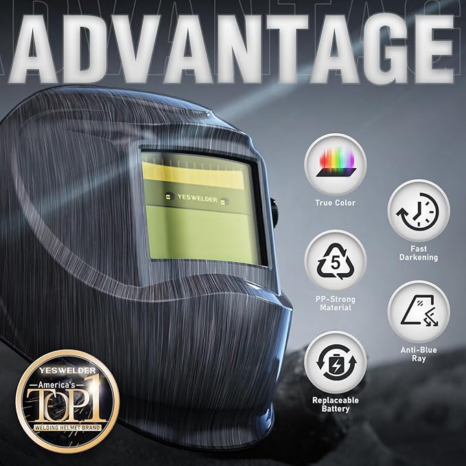 YESWELDER Auto Darkening Welding Helmet, Blue Light Blocking, 1/1/1/1 True Color Solar Powered Welding Hood with 2 Arc Sensors, Wide Shade 3.5/9-15 Welder Mask for TIG MIG ARC and Grind