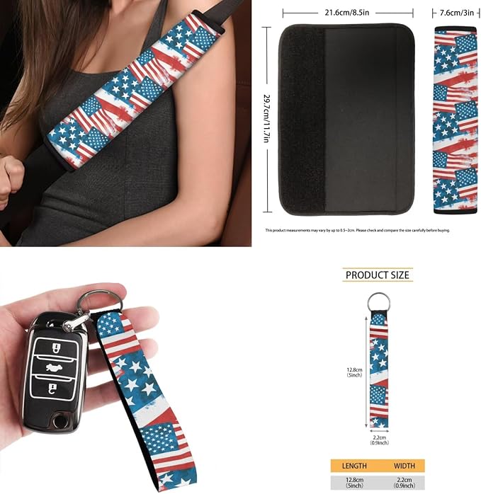 American Flag Auto Interior Accessories Car Seat Covers with Auto Steering Wheel Cover Seat Belt Covers Car Trash Can View Mirror Cover Coaster Keychains