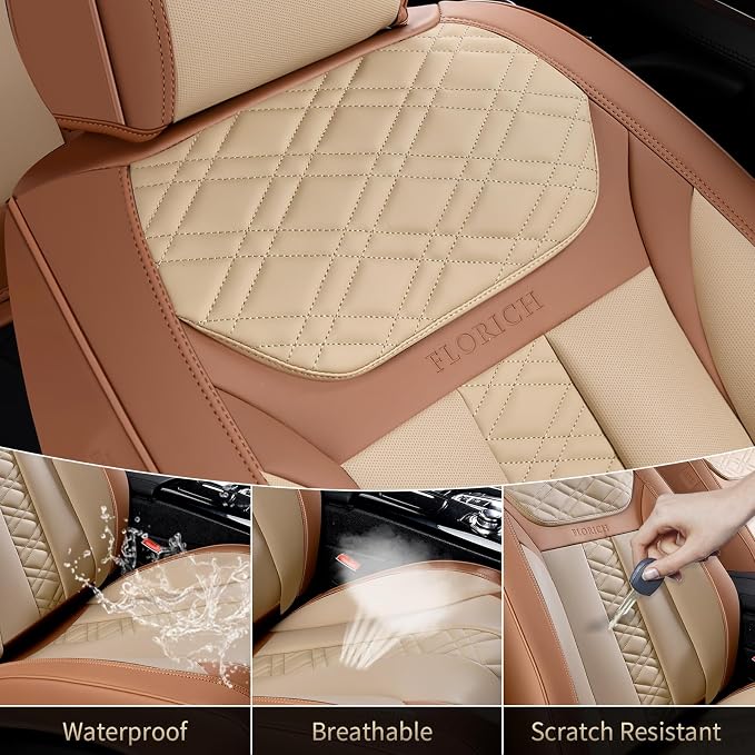 FLORICH Seat Covers, Front Seat Covers 2 PCs, Automotive Seat Cover for Cars, Luxury Leather Universal Seat Cover Accessories Fit for Most Cars SUV Truck Sedans(Beige)