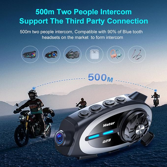2 Way Intercom Helmet Headset with Camera - IP67 Wireless Motorcycle Voice Talk Headset 1080P Helmet Dash Cam Communication Walkie-Talkie, 1600FT Intercom, 1500mAh Battery, Music Sharing