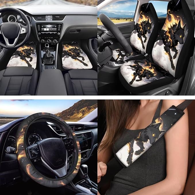 18 Pcs Cool Wolf Car Interior Accessories Set, Car Seat Covers Full Set with Auto Floor Mats Steering Wheel Cover Armrest Pad Seat Belt Pads Handle Wraps Keychain Cup Coaster
