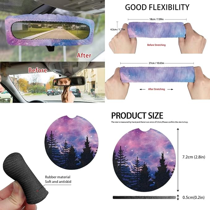 Purple Mountain Galaxy 15 PCS Car Seat Cover Set with Auto Steering Wheel Cover Seat Belt Strap Protector Cup Holder Trash Bag Rear View Mirror Protector Keychain