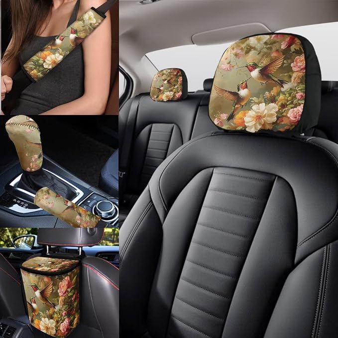 Hummingbird Flower Car Seat Covers Full Set 17 Pack for Women Car Accessories Set with Auto Head Rest Covers,Trash Can Bin for Back Seat Leak Proof,Seat Belt Cover Pad,Cup Coasters